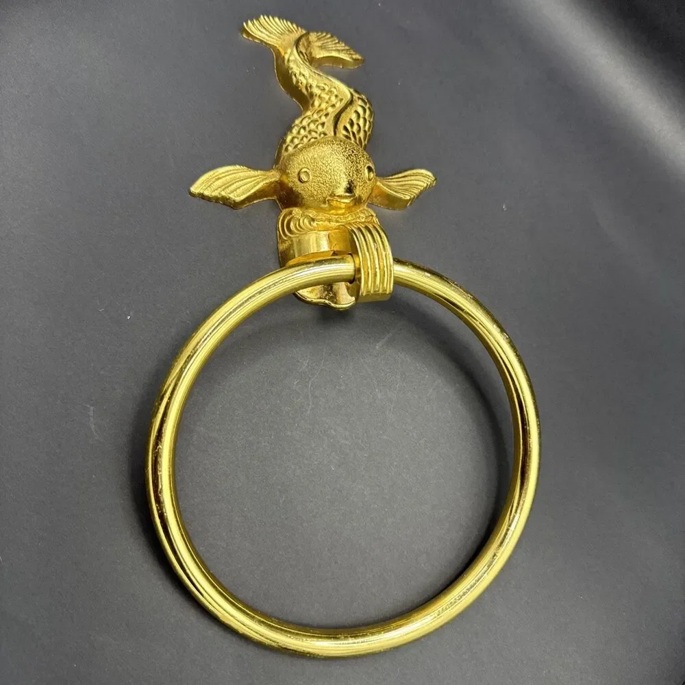 Vtg Koi Fish Bathroom Towel Ring Metal Gold or Brass Tone Rack Wall Holder MCM